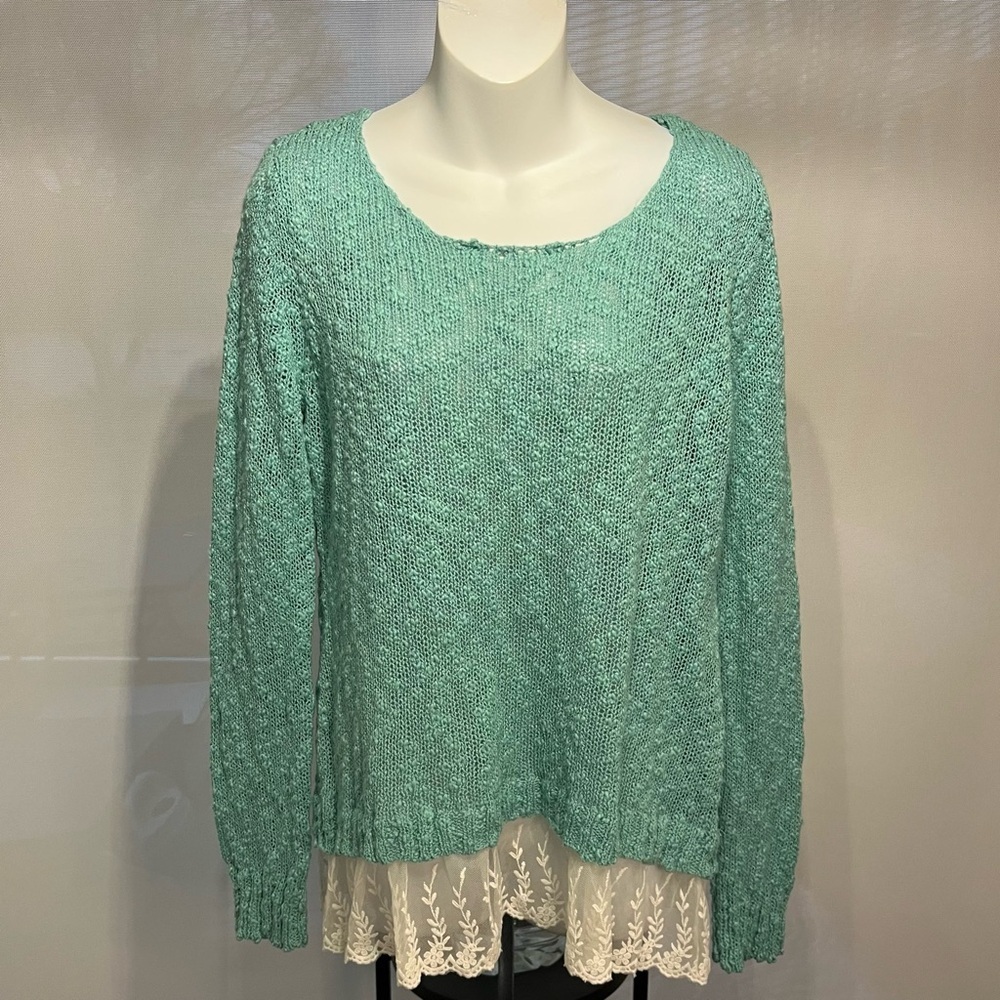 OhMG! Top Size Large Green Knit Semi Sheer with Lace Detail
